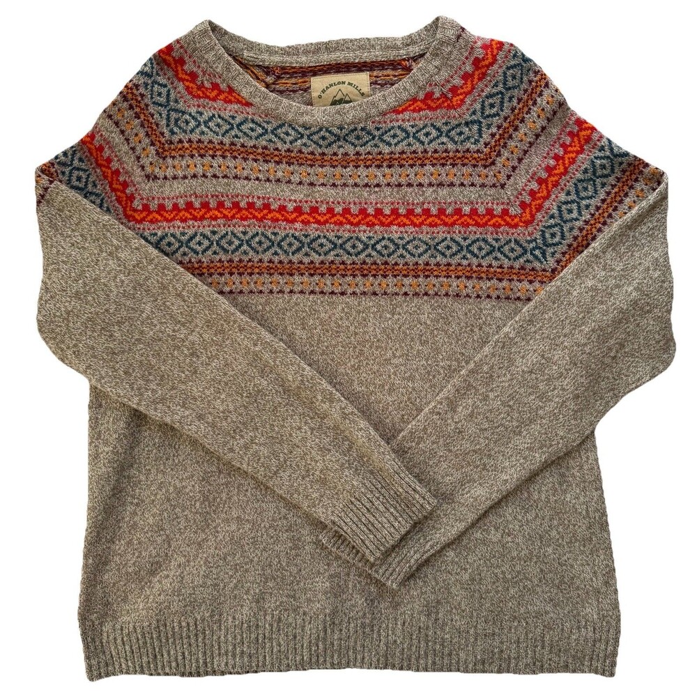 O'Hanlon Mills Sweater Men Large Tan Fair Isle Crew Neck Wool Blend Preppy Cabin